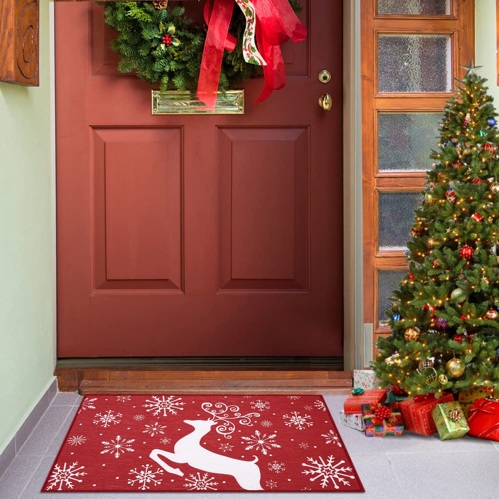 Tappetino decorativo natalizio Garvee, antiscivolo, 40x60 cm, per uso interno ed esterno, resistente, motivo natalizio per l'ingresso, rosso