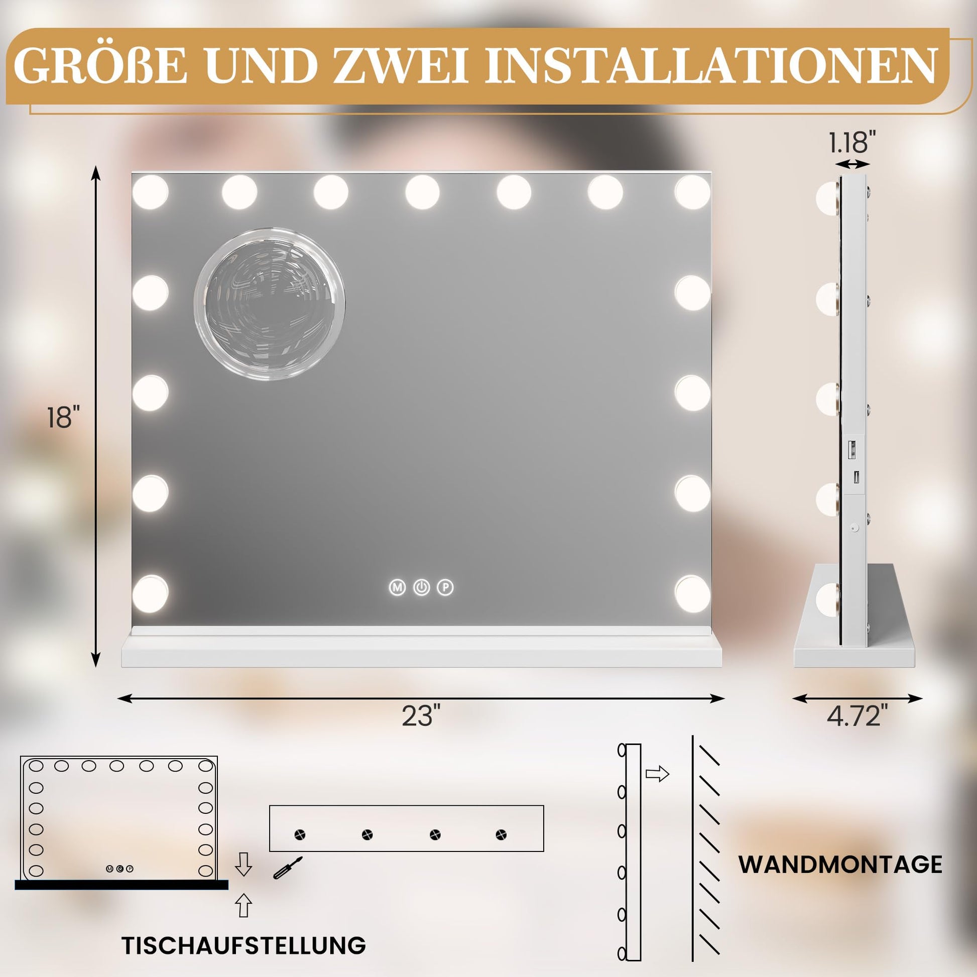 Specchio per il trucco GARVEE Hollywood 58 x 46 cm con 15 luci LED Specchio per il trucco touch bianco