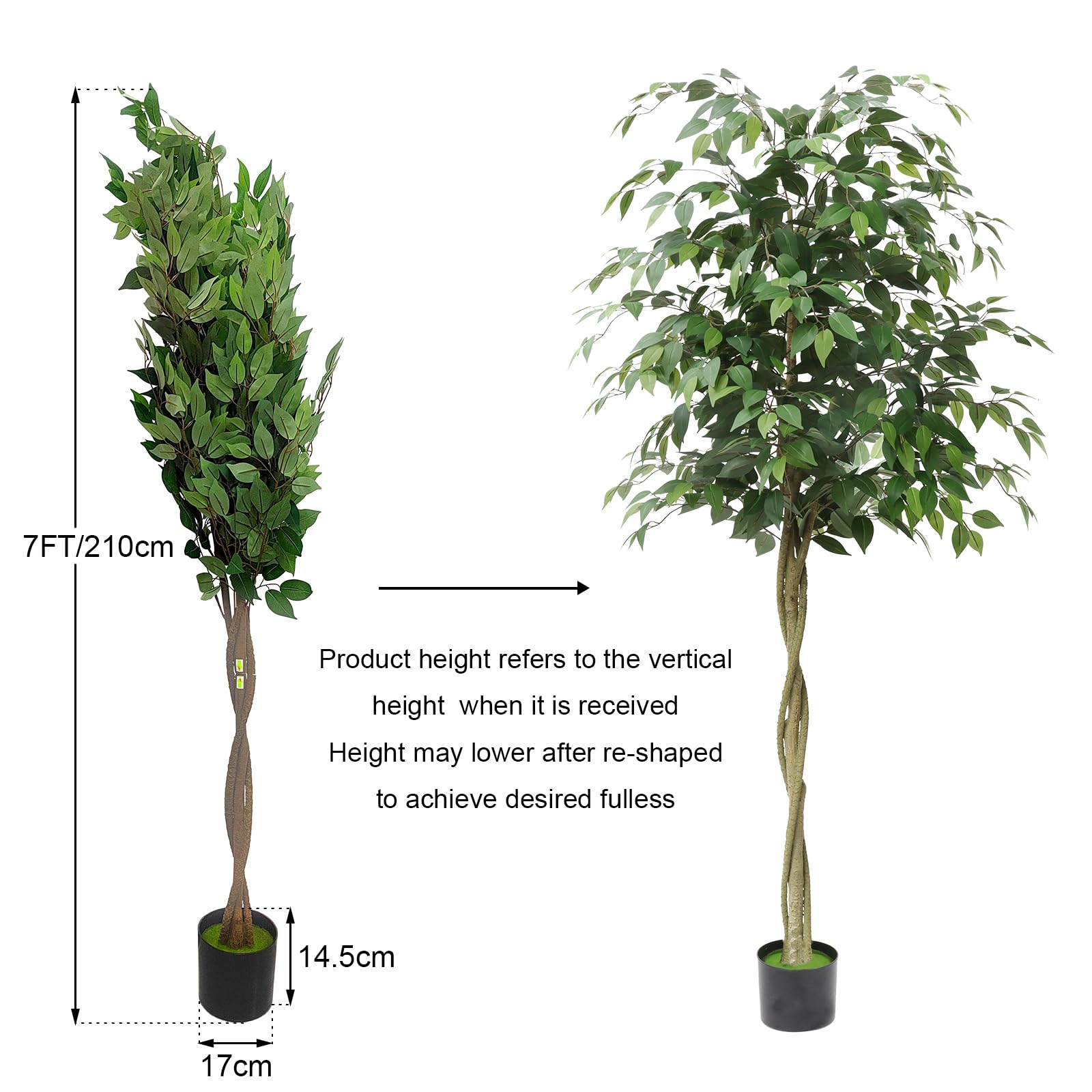 Albero di ficus artificiale Garvee da 7 piedi con tronco e foglie realistici, base in cemento, per uso interno ed esterno, verde