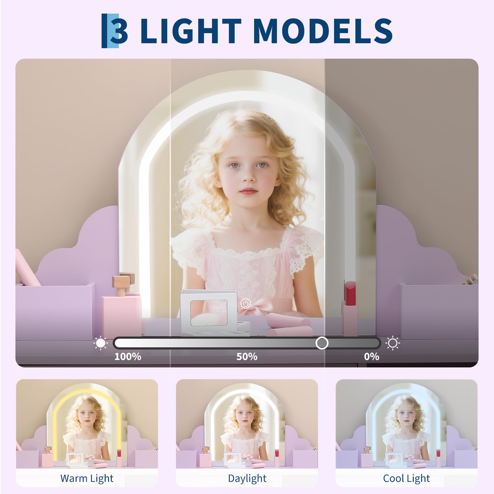 Tavolo da toeletta per bambini Garvee con luce LED, regolabile, MDF, contenitore e sgabello per bambine dai 3 a 9 anni, viola, per sala giochi e camera da letto