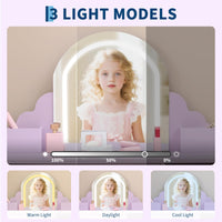 Tavolo da toeletta per bambini Garvee con luce LED, regolabile, MDF, contenitore e sgabello per bambine dai 3 a 9 anni, viola, per sala giochi e camera da letto