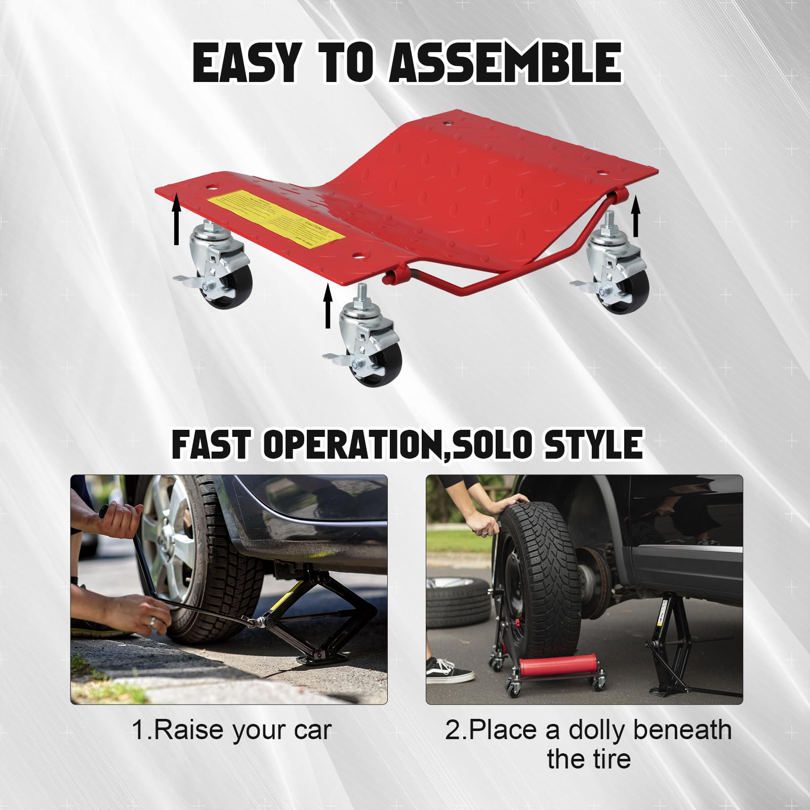 Set 4 ruote per trasporto auto Garvee Rosso - Acciaio con impieghi gravosi - Portata 6000 libbre - Ruote gyrevoli a 360° con freni - Superficie antiscivolo - Garage e ufficio