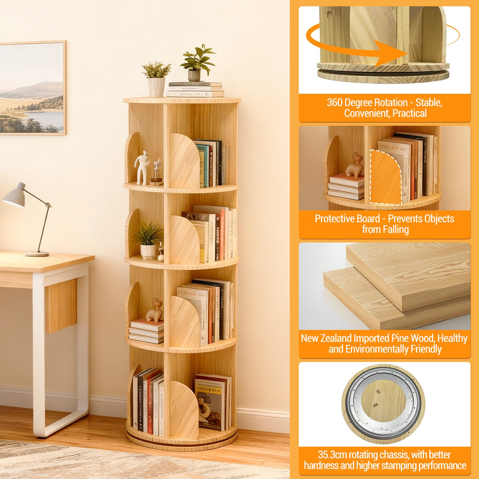 Libreria girevole a 4 ripiani Garvee in legno massello - Scaffale girevole a 360° per bambini e adulti, Ø39 cm, H129 cm, legno naturale