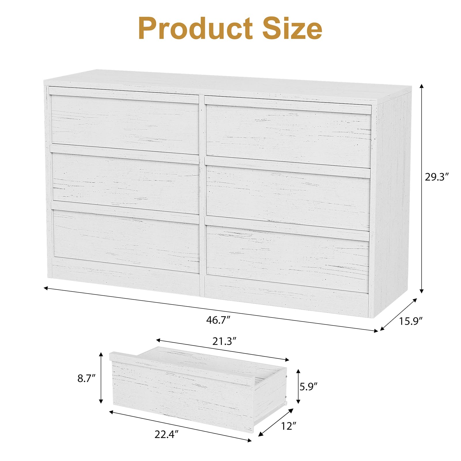 Cassettiera Garvee a 6 cassetti, bianco antico, per camera da letto, soggiorno e corridoio, spaziosa, robusta, multifunzionale, in legno