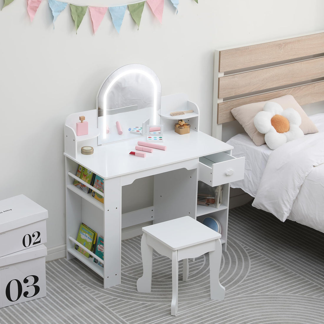 Garvee Toeletta per bambini con specchio illuminato, tavolo da toeletta e sgabello 2 in 1, MDF, luce LED, spazio di archiviazione per bambine dai 3 ai 9 anni, camera da letto e sala giochi, bianco