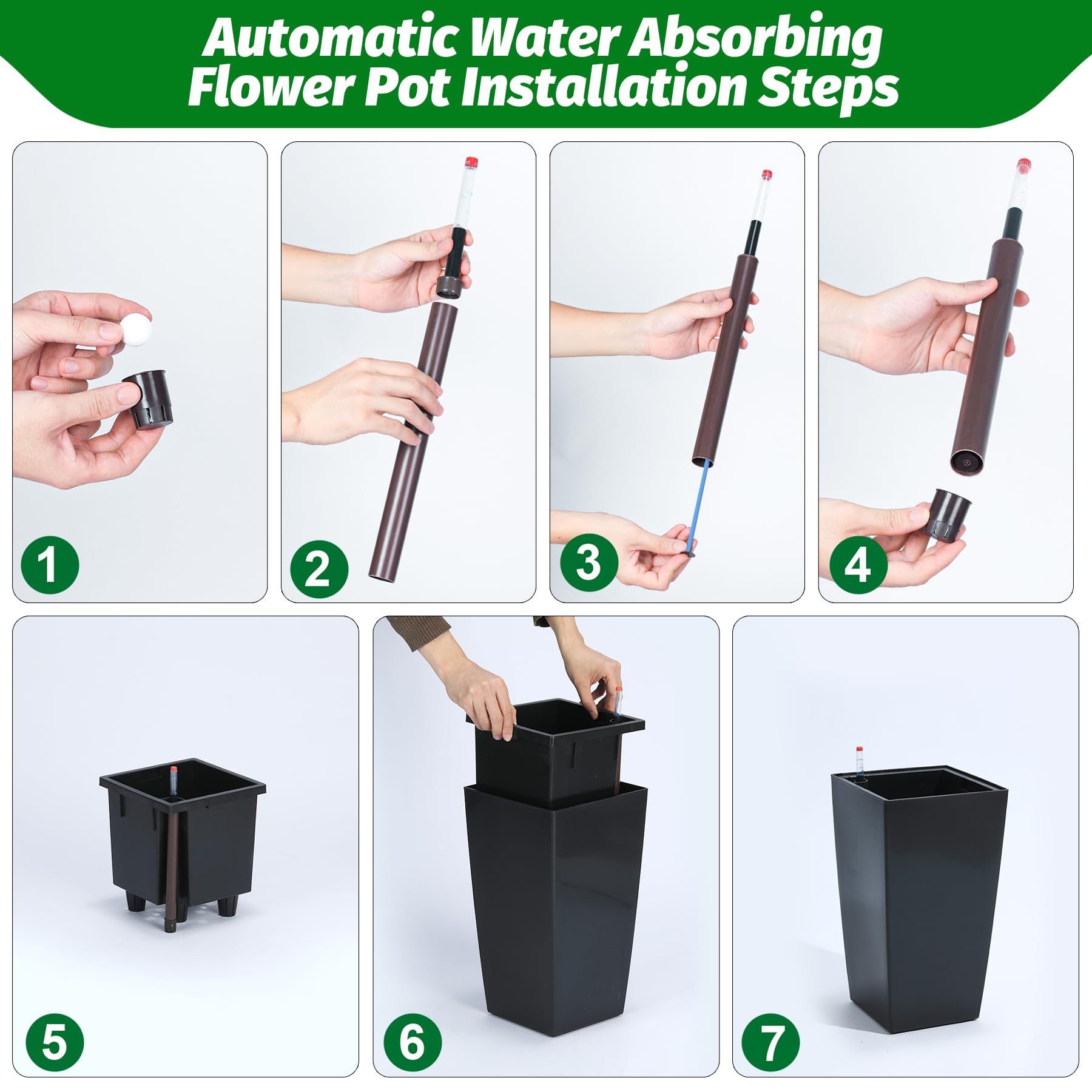 Garvee Set di 2 fioriere alte 16" con irrigazione automatica e indicatore del livello dell'acqua per giardino e patio, nere, resistenti alle intemperie, in plastica