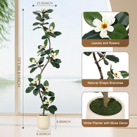 Albero di gomma artificiale Garvee da 2,1 m con 8 fiori di magnolia, fioriera bianca, arredamento per interni, ufficio e casa, resistente, design realistico