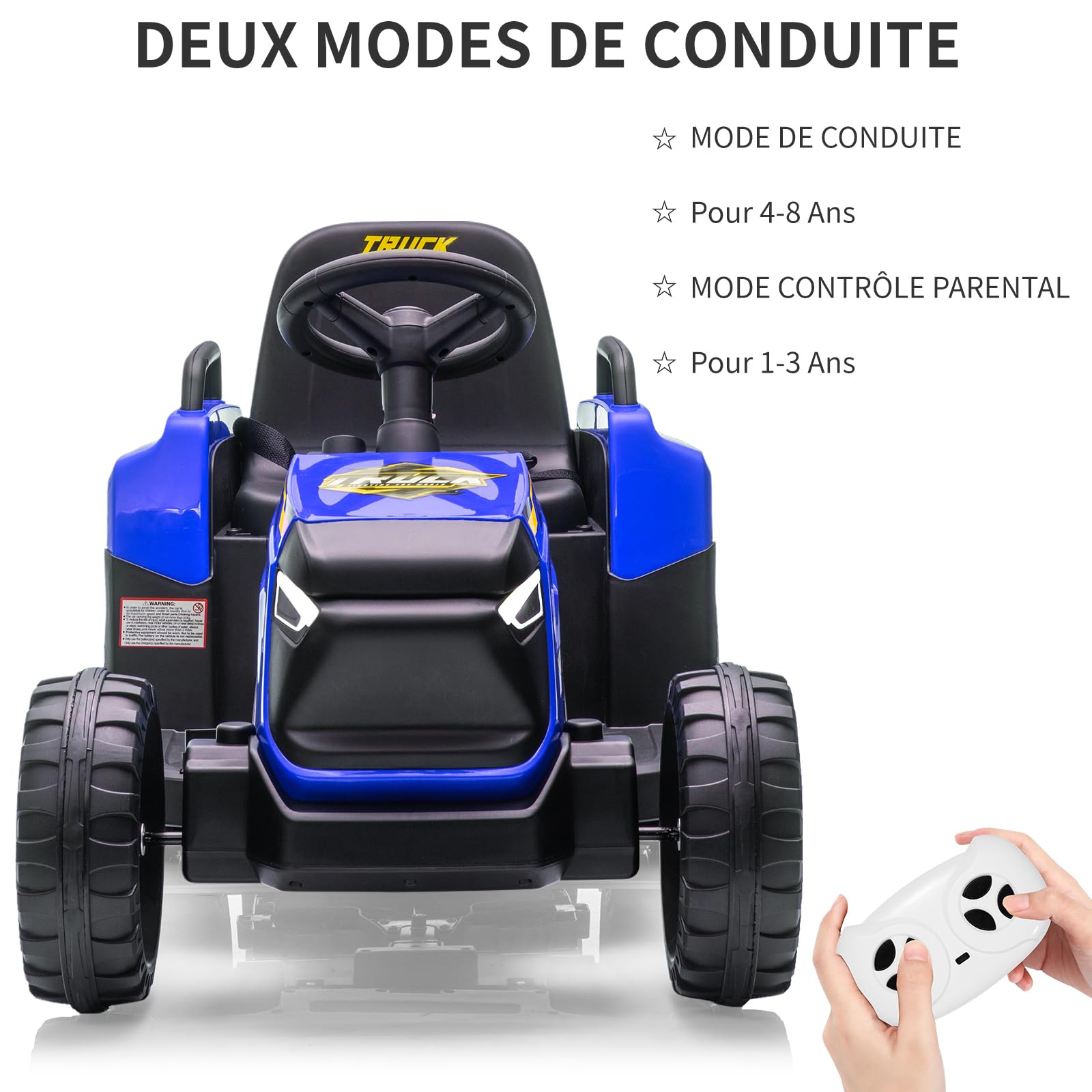 Trattore elettrico per bambini Garvee con rimorchio staccabile, 12 V, 6 pneumatici, telecomando, musica, doppio motore, fari a LED, blu, per giardino e cortile