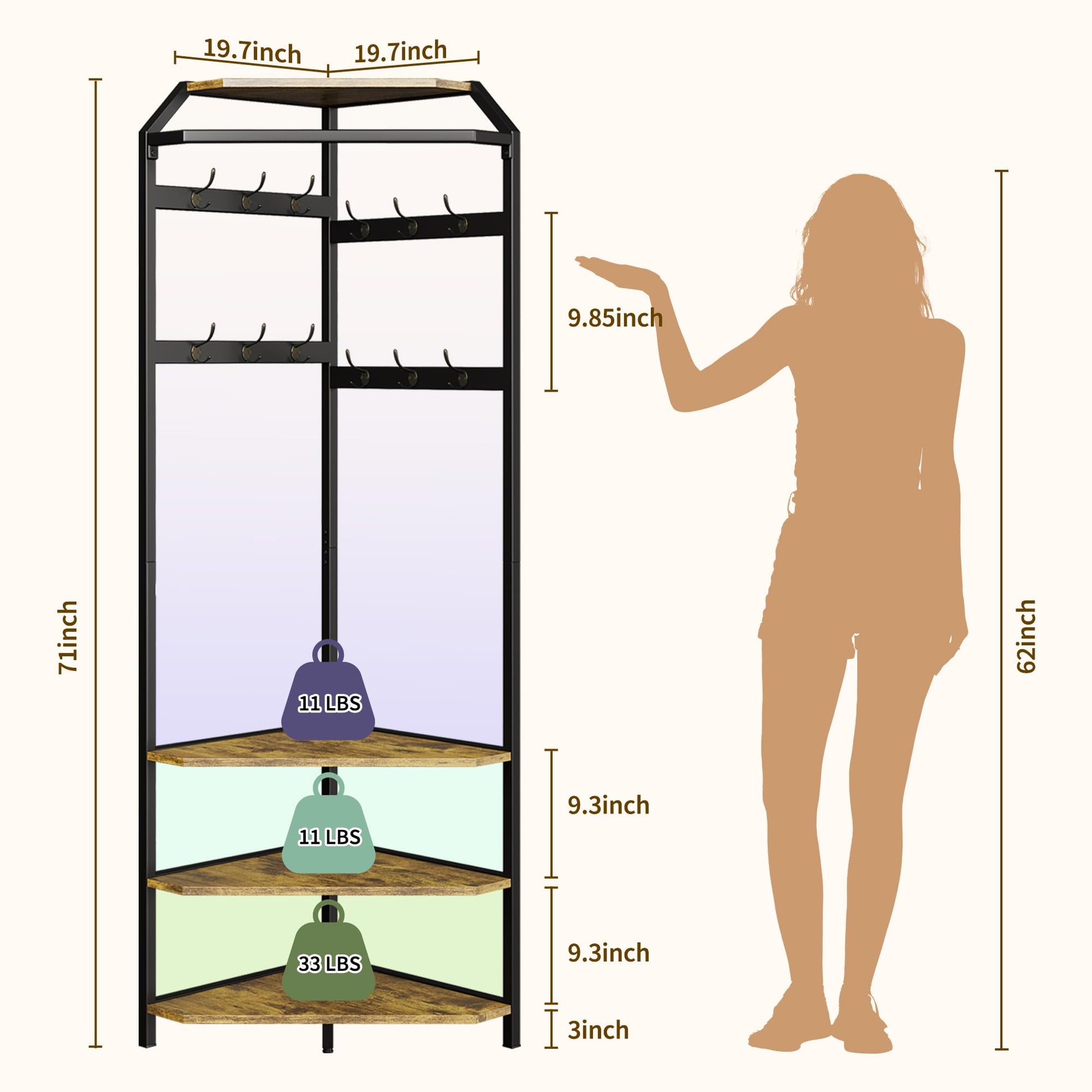 Armadio angolare Garvee con scarpiera e 6 ganci doppi, attaccapanni 3 in 1 per corridoio e ingresso, marrone rustico