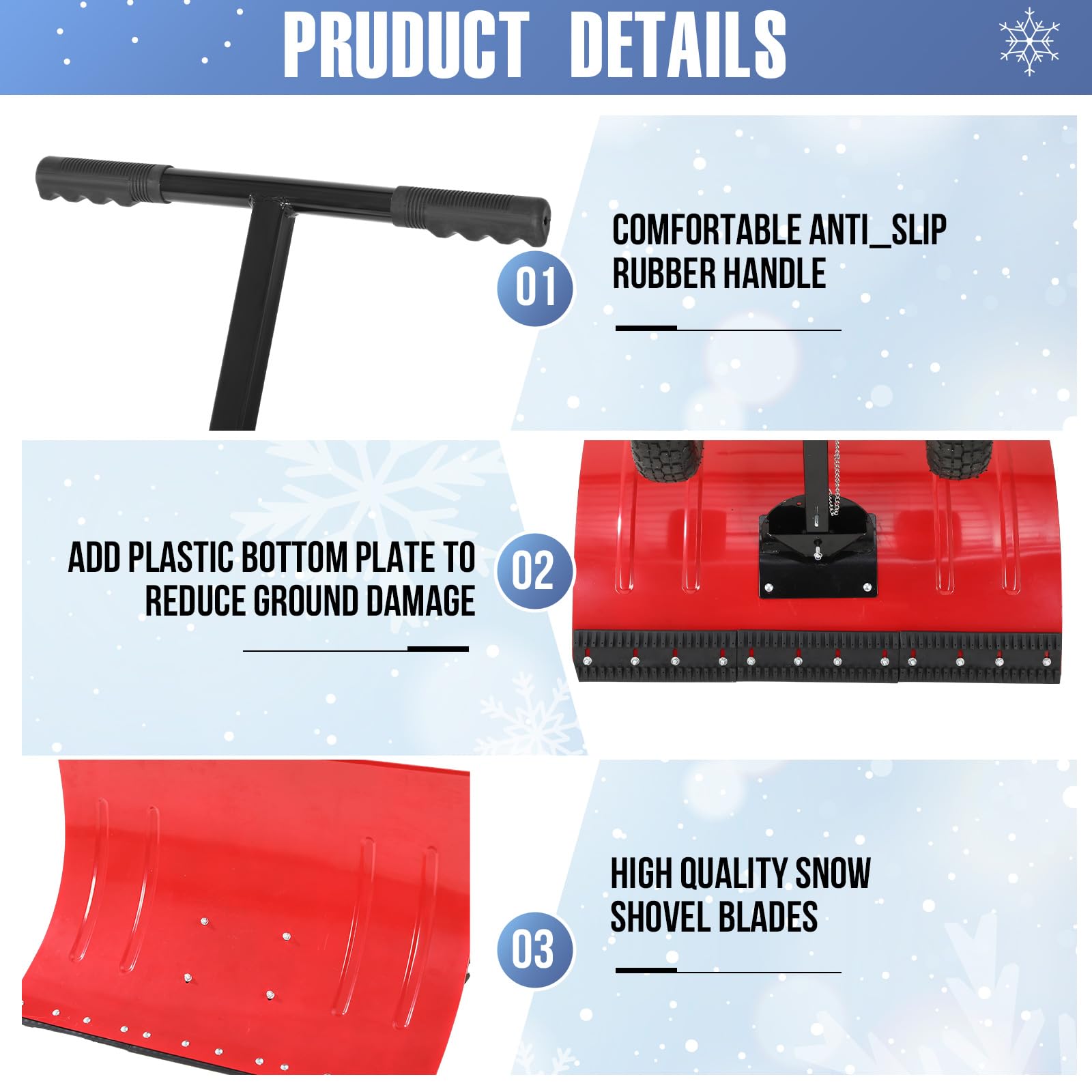 Pala da neve Garvee con ruote, lama in acciaio da 29,1" x 19,3", angolo e altezza regolabili, impugnatura ergonomica, ruote in gomma da 9" per vialetti e marciapiedi