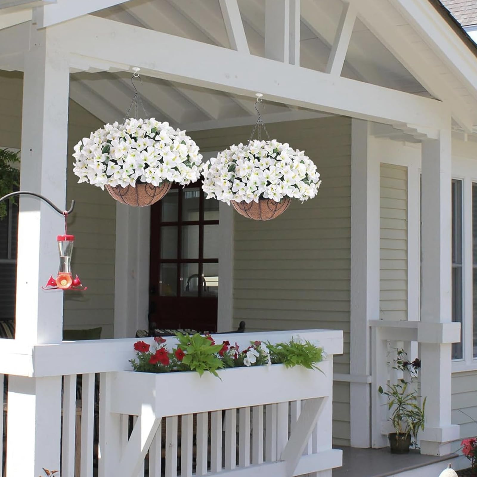 Garvee Set di fiori di bouganville artificiali con cesto marrone per giardino e terrazza, 12 pezzi, resistenti ai raggi UV, resistenti alle intemperie, bianchi e verdi