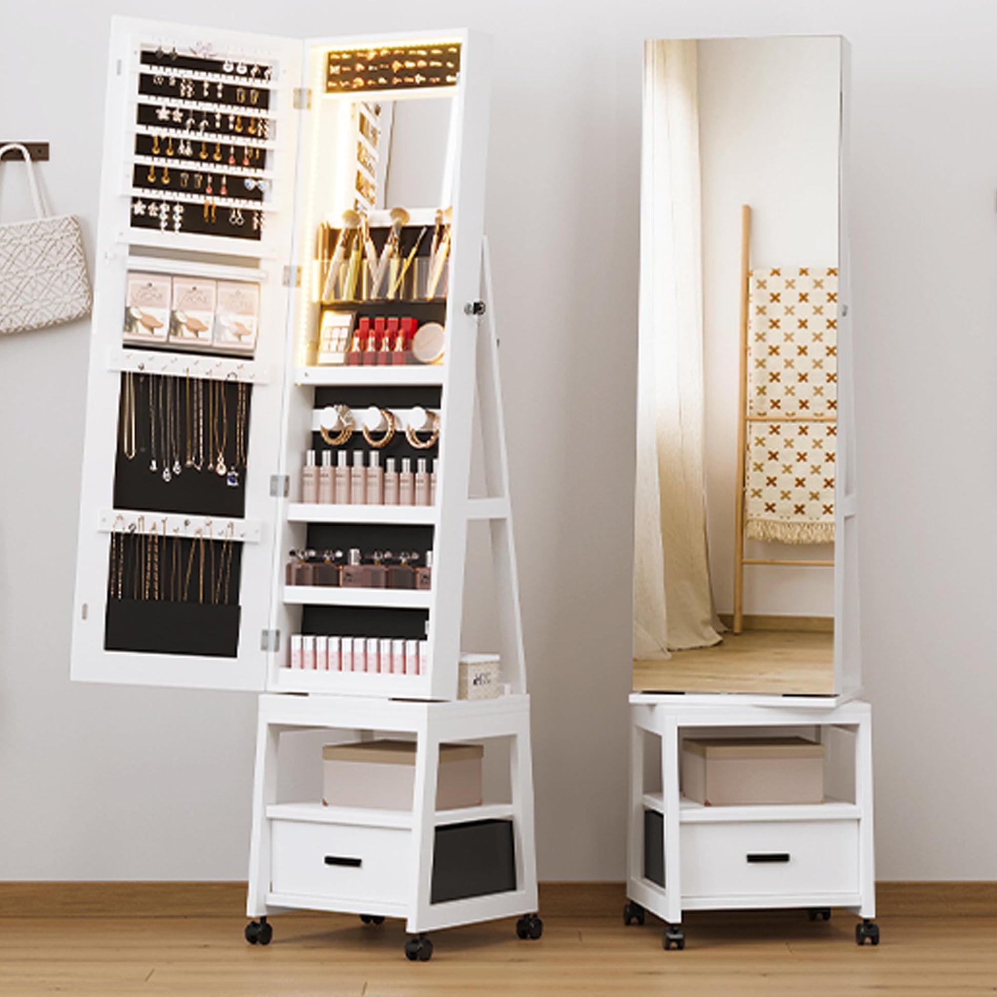 Mobiletto portagioie girevole a 360° Garvee con luci a LED, specchio per il trucco, specchio intero, rivestimento in velluto, bloccabile, con ruote, bianco - Ideale per camere da letto