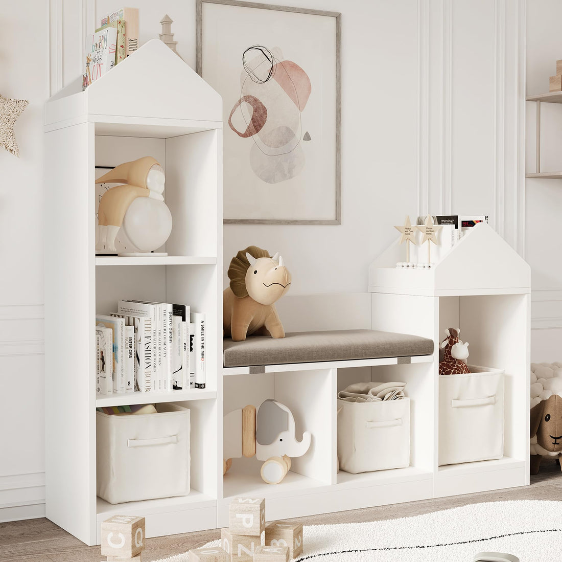 Libreria per bambini Garvee con angolo lettura, 6 ripiani, in legno, design moderno del tetto, per camerette e aule, 42,32x47,75x11,8 pollici