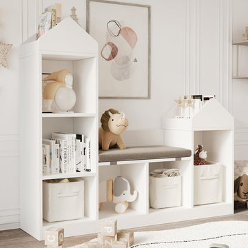 Libreria per bambini Garvee con angolo lettura, 6 ripiani, in legno, design moderno del tetto, per camerette e aule, 42,32x47,75x11,8 pollici