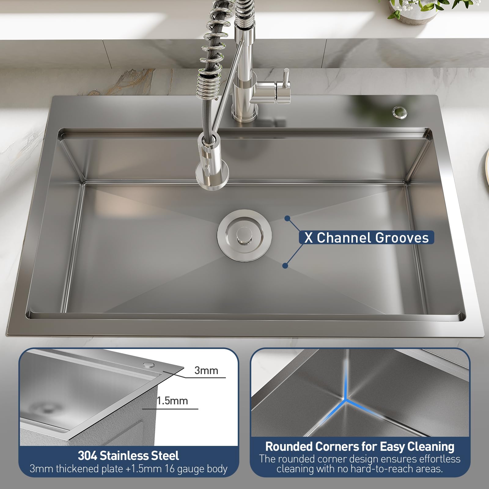Lavello da incasso Garvee in acciaio inox con 1 vasca (84 x 56 x 23 cm) e accessori: lavello robusto e facile da pulire per la tua cucina