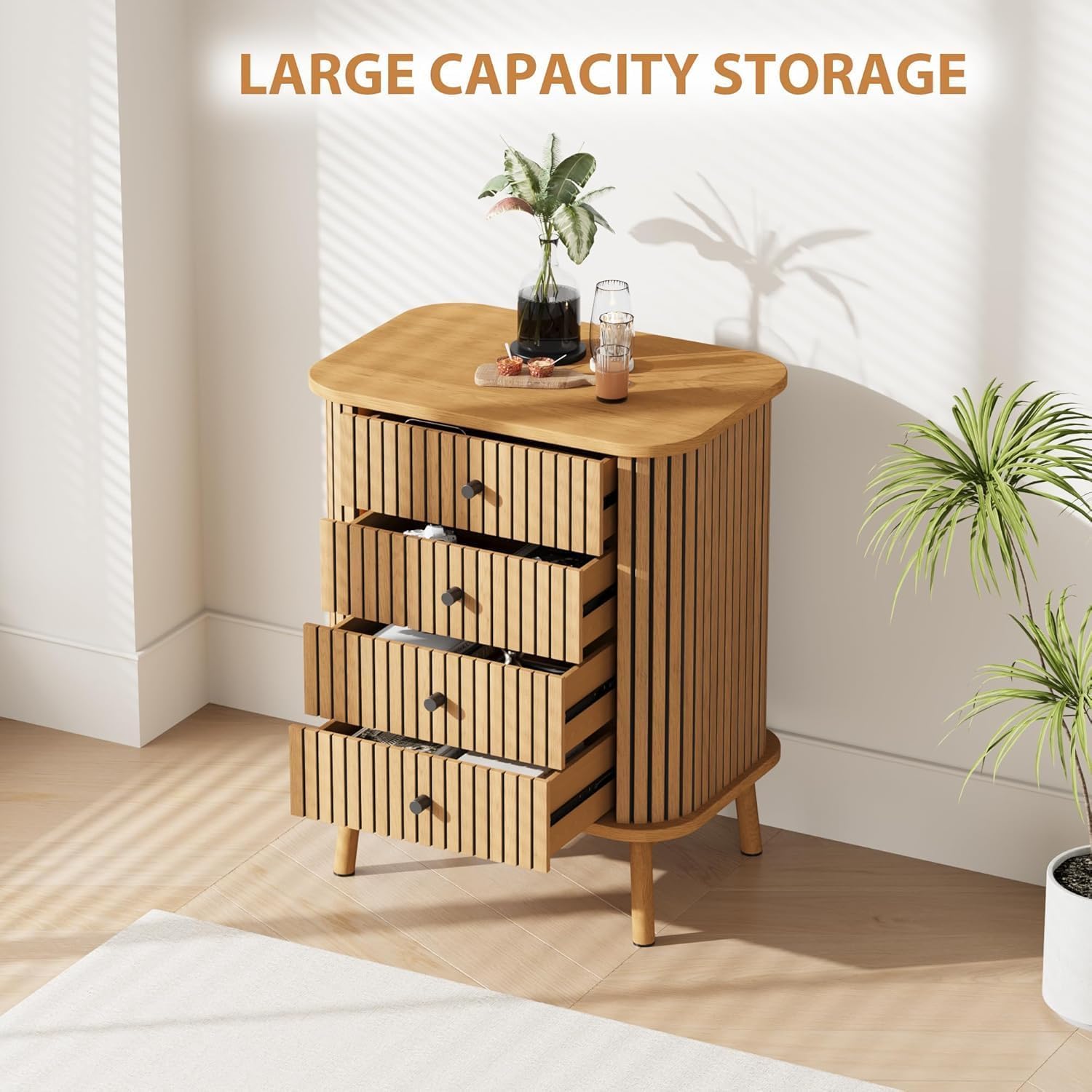 Cassettiera Garvee a 4 cassetti, stile moderno di metà secolo con anta scorrevole, per camera da letto e soggiorno, effetto bambù MDF, ampio spazio di archiviazione, resistente