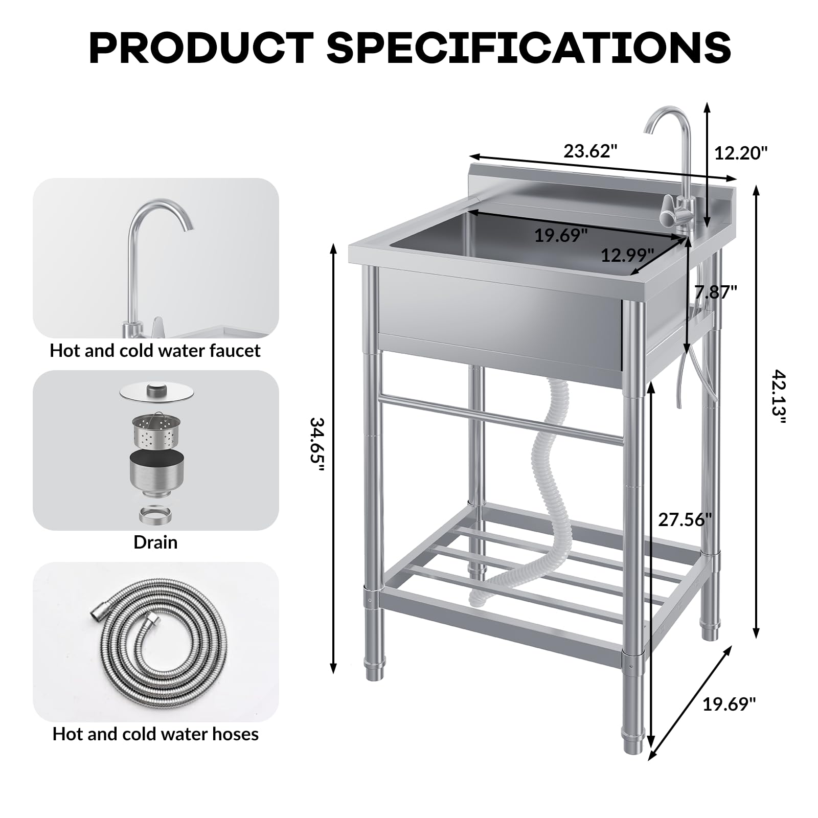 Lavello di servizio Garvee in acciaio inox da 24" con vasca singola e rubinetto girevole a 360° per cucina e garage, antiruggine, indipendente, con ripiano, 41 pollici, argento
