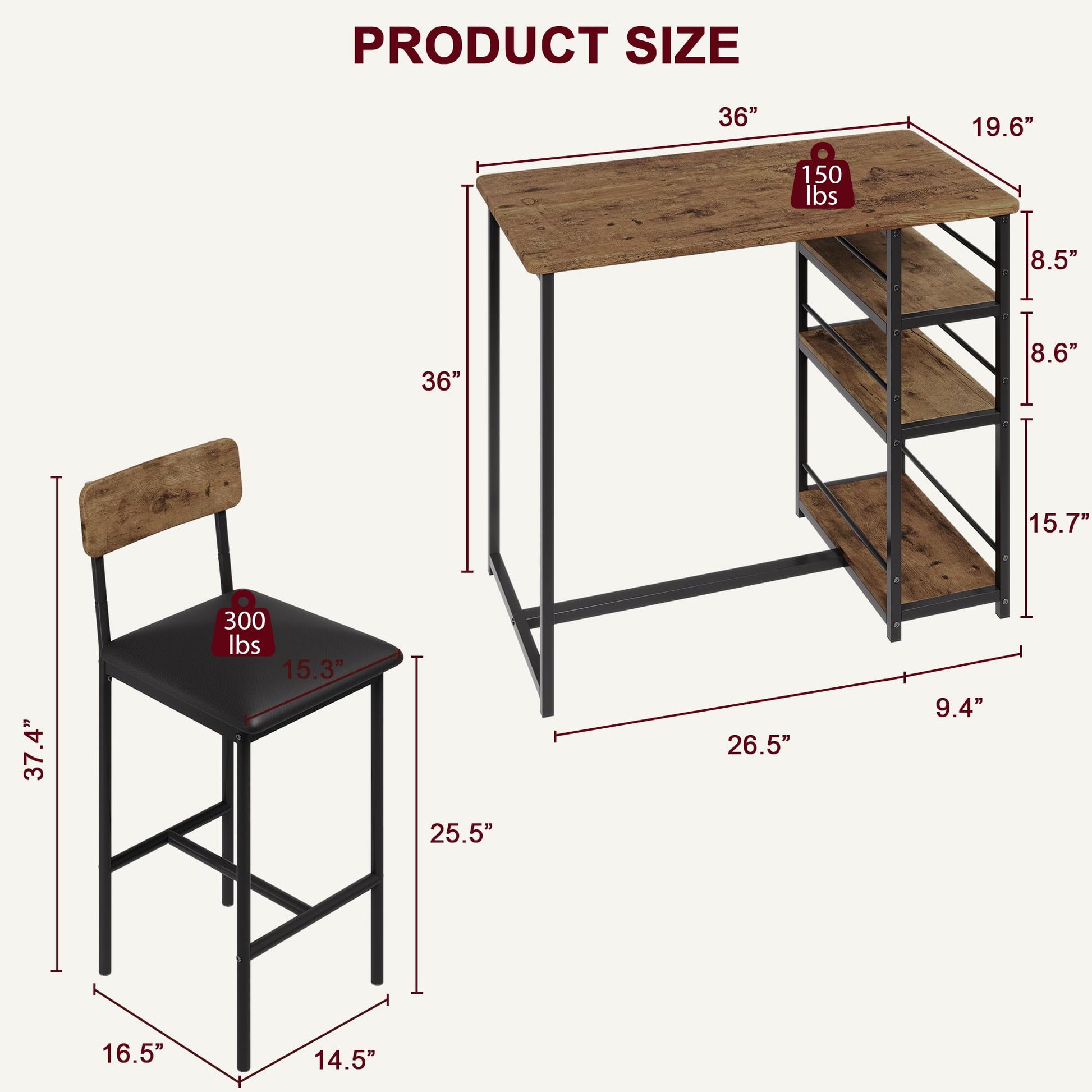 Set da pranzo Garvee per 2 persone con seduta imbottite, bancone bar marrone rustico, 3 ripiani, MDF e acciaio, robusto, salvaspazio