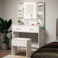Set da parrucchiere Garvee con specchio LED, 2 cassetti, 4 ripiani, piano in vetro, presa elettrica, porta asciugacapelli, bianco, design moderno per camera da letto