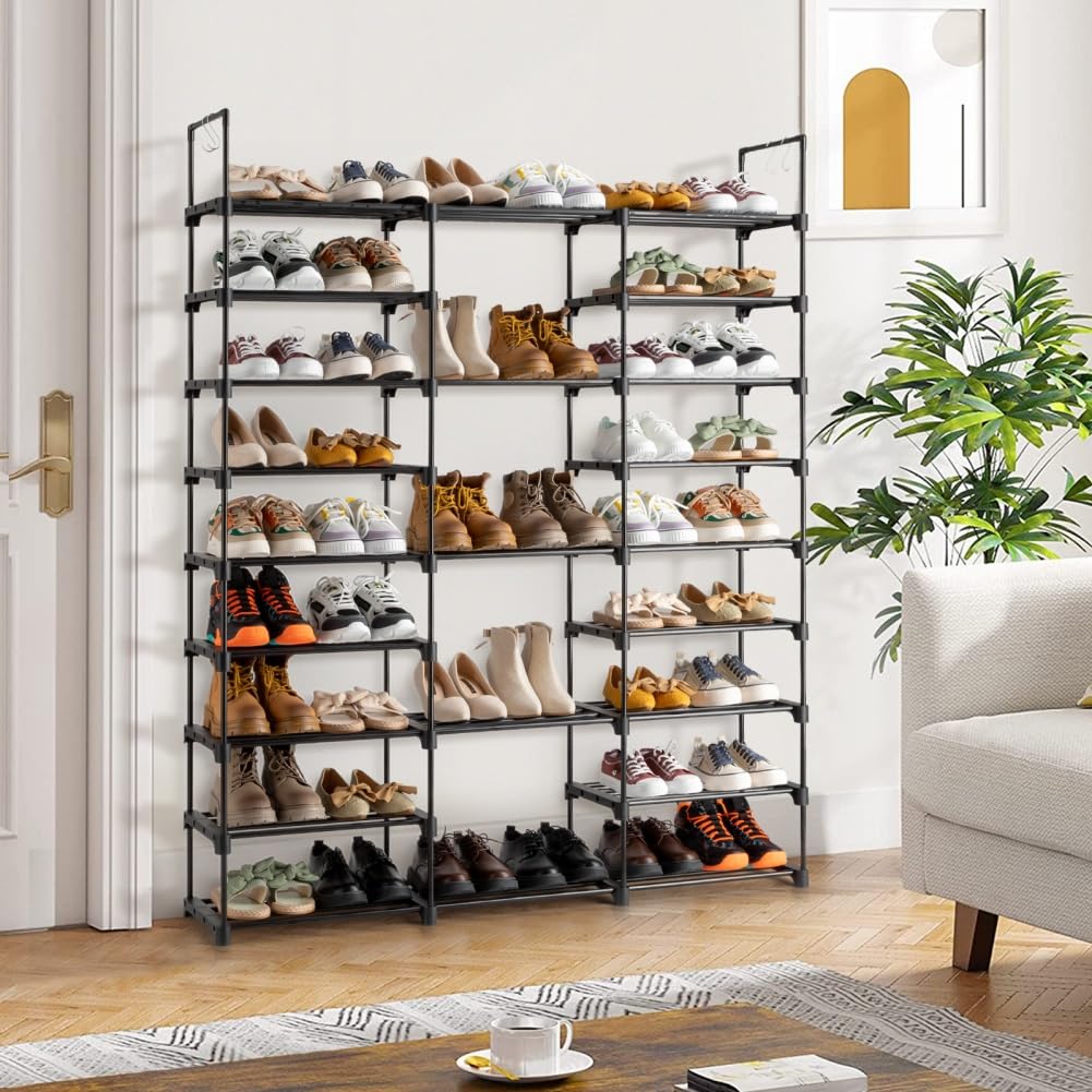 Scarpiera Garvee a 9 ripiani per 50 paia di scarpe, struttura in metallo, ripiani in PP impermeabili, con ganci, per corridoio e garage, nero, impilabile