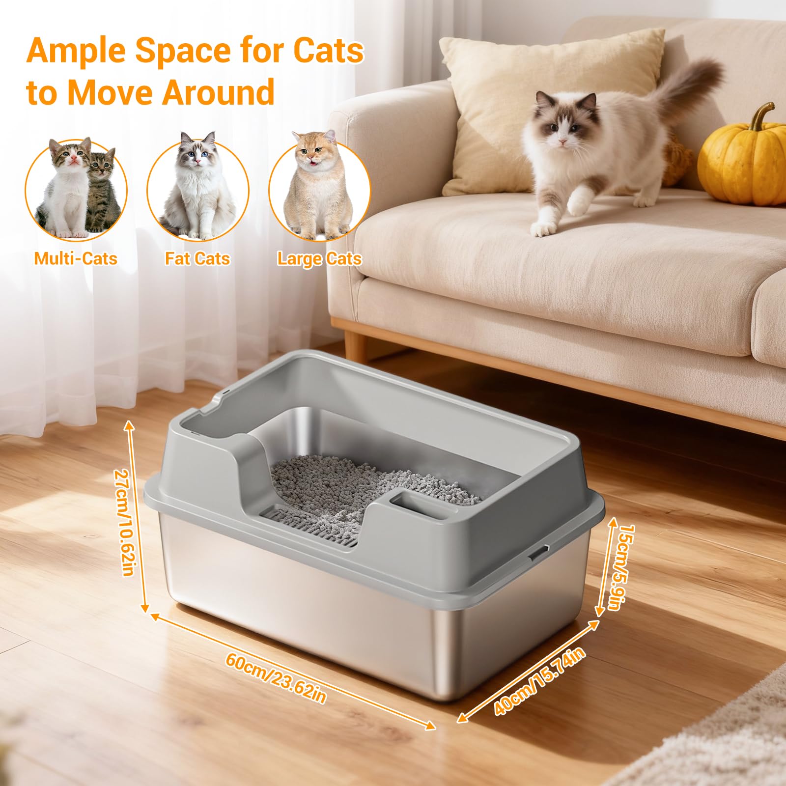 Garvee, grande lettiera per gatti in acciaio inox da 36 litri, semi-chiusa, con tappetino antiscivolo e paletta per lettiera, per famiglie con più gatti, 60x40x27 cm, grigio