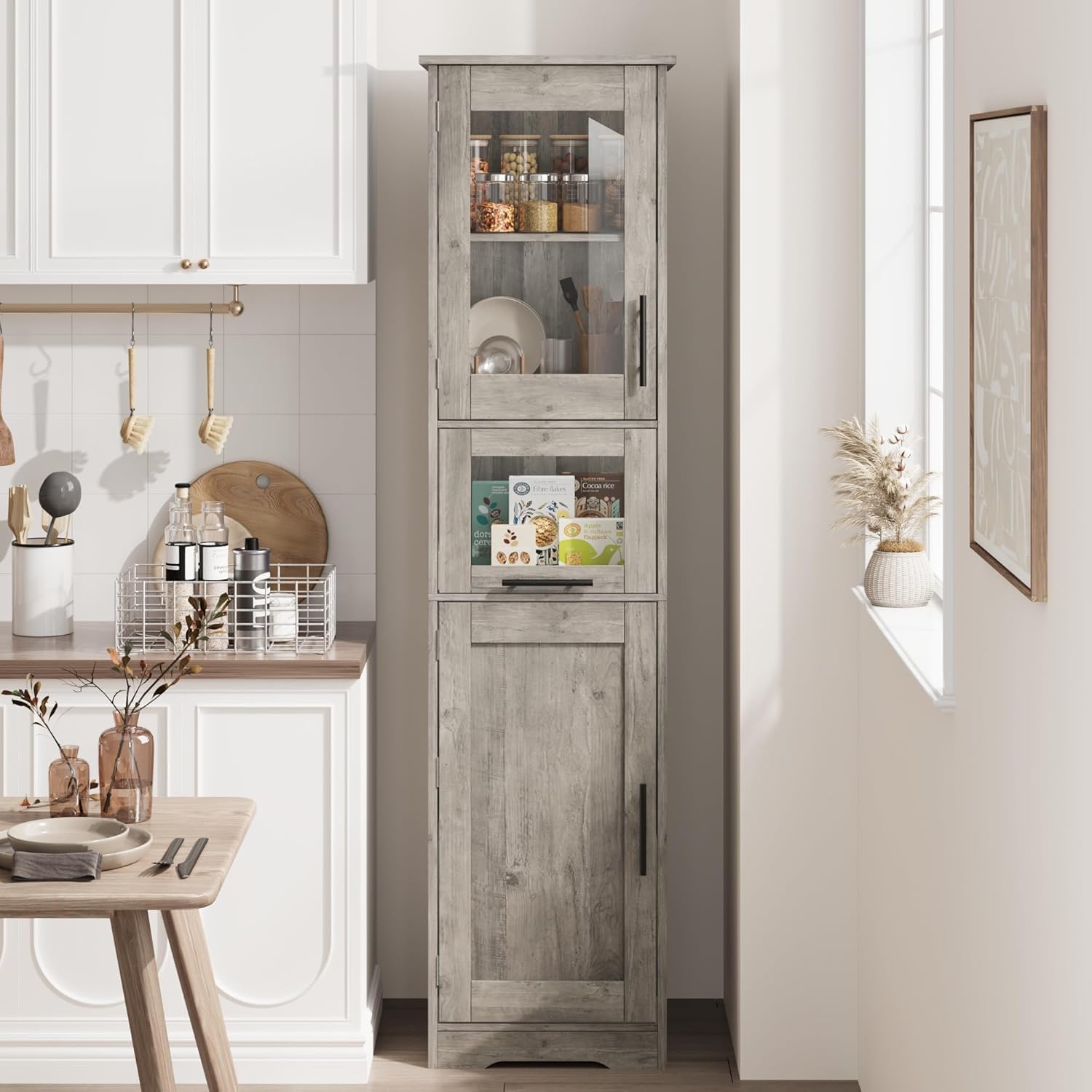 Mobile da bagno alto e stretto Garvee con ripiano regolabile per piccoli spazi, 170 cm, MDF, design moderno, ante con vetro, bianco