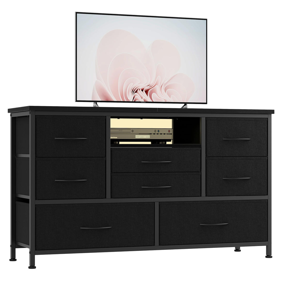 Cassettiera Garvee con 8 cassetti, 3 prese di corrente e 2 porte USB, mobile TV con luce LED per camera da letto, soggiorno, corridoio, 120 cm, nero