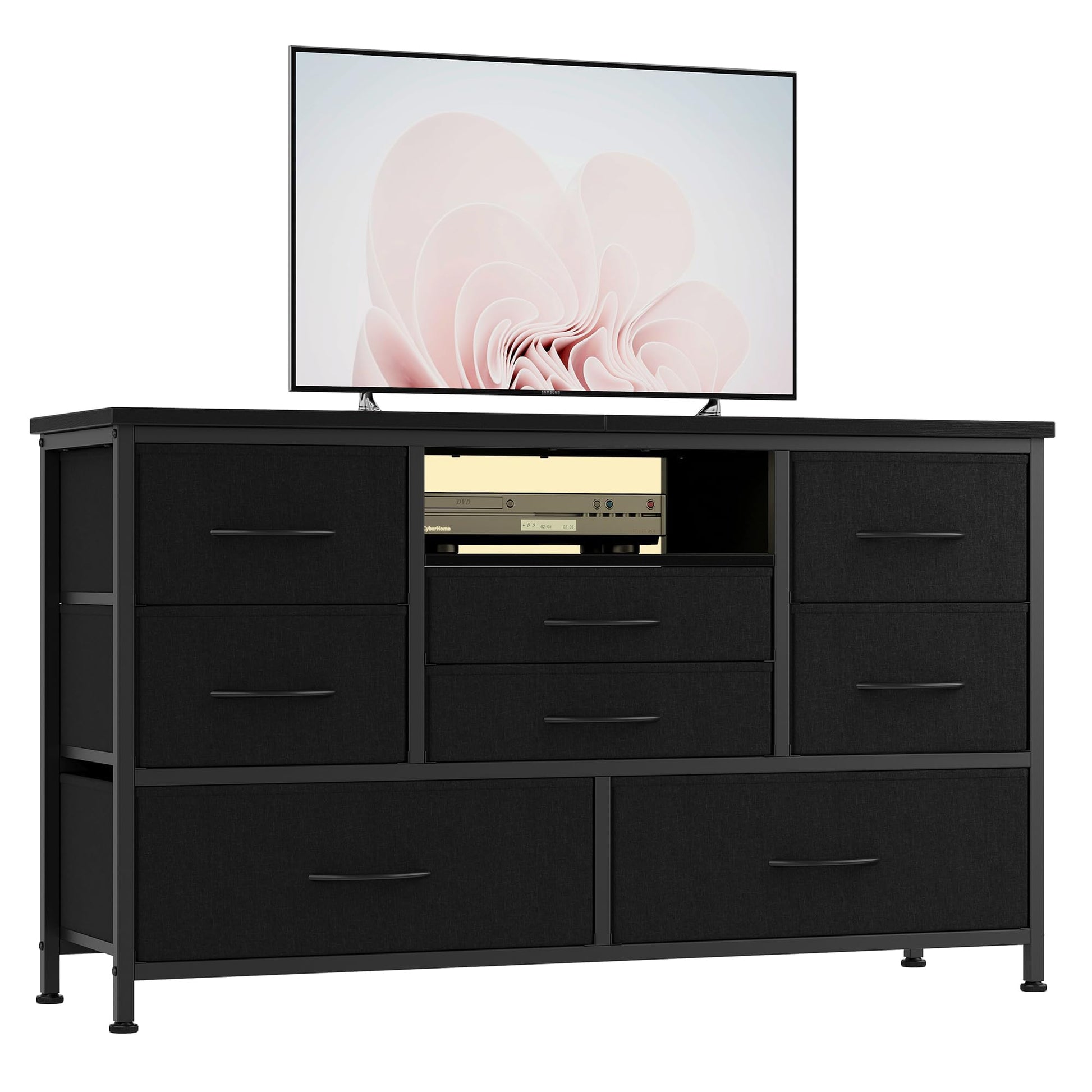 Cassettiera Garvee con 8 cassetti, 3 prese di corrente e 2 porte USB, mobile TV con luce LED per camera da letto, soggiorno, corridoio, 120 cm, nero