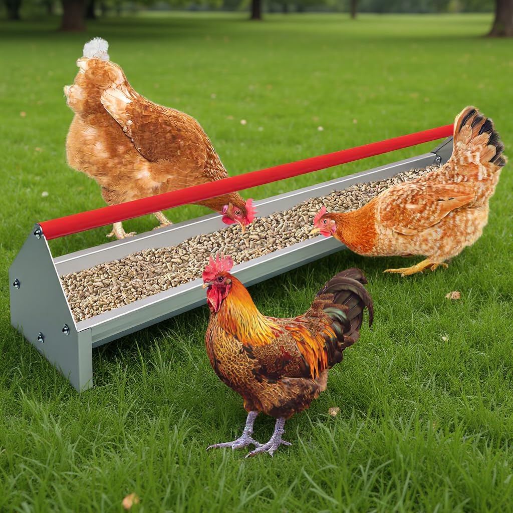 Mangiatoia per polli Garvee da 45 pollici, contenitore per mangime in acciaio zincato, grande, barra trasversale girevole, antiruggine, con scarico per polli e anatre all'aperto