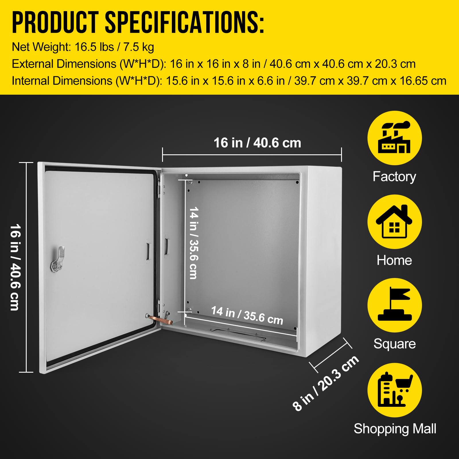 Scatola di distribuzione elettrica per esterni Garvee 16x16x8" IP66 in acciaio impermeabile e antipolvere con piastra di montaggio e staffa a parete per industria e edilizia, robusta, sicura, versatile