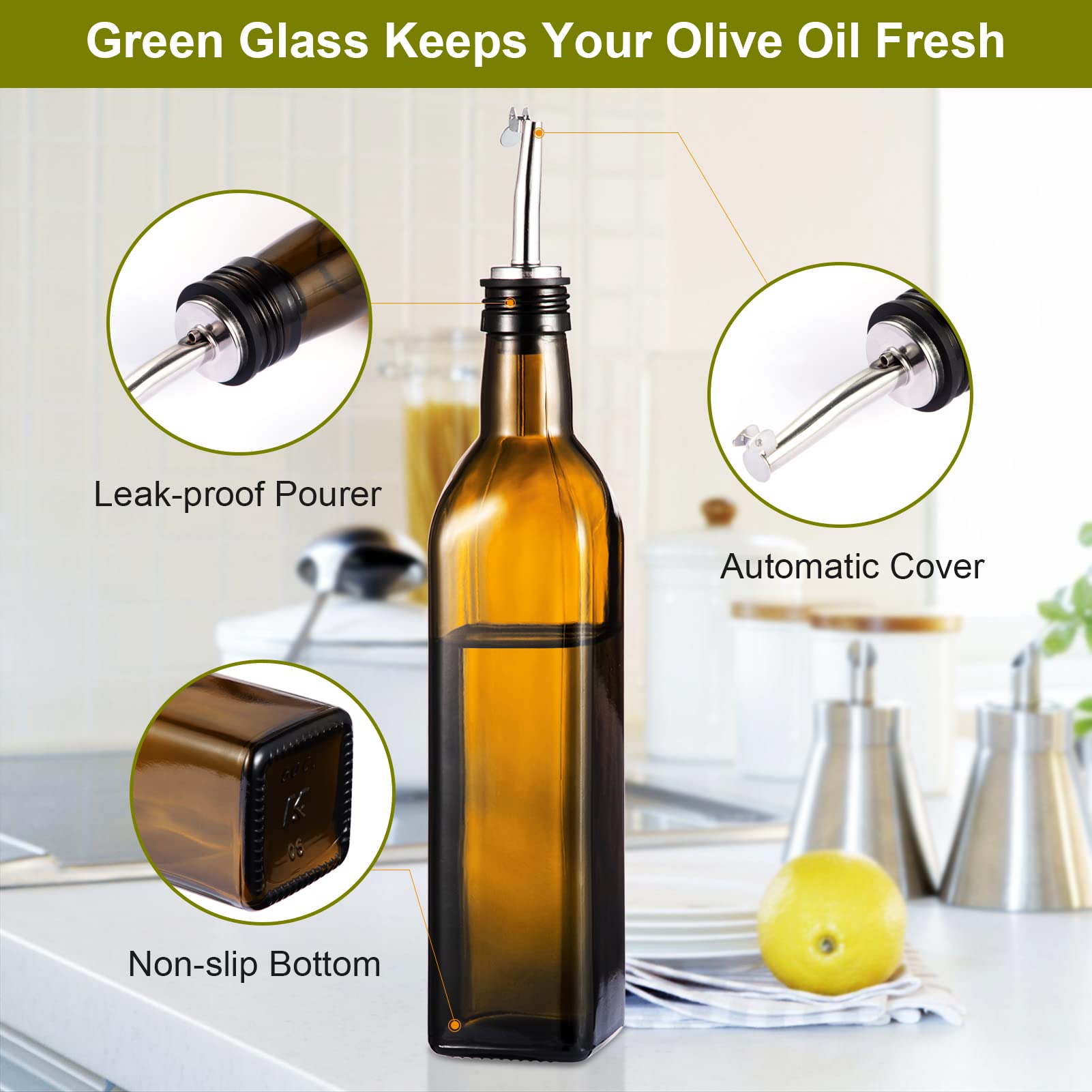 Dispenser per olio d'oliva Garvee da 17 once in vetro ambrato con versatore e imbuto in acciaio inossidabile per cucina e cottura, ermetico, antigoccia, salvaspazio