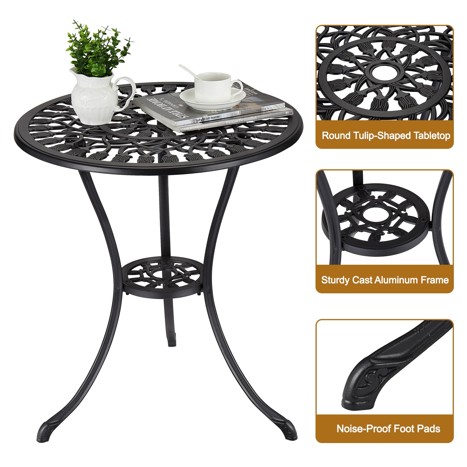 Tavolo da bistrot da esterno Garvee da 24" in ghisa rotonda con foro per ombrellone da 2" per balcone e giardino, nero