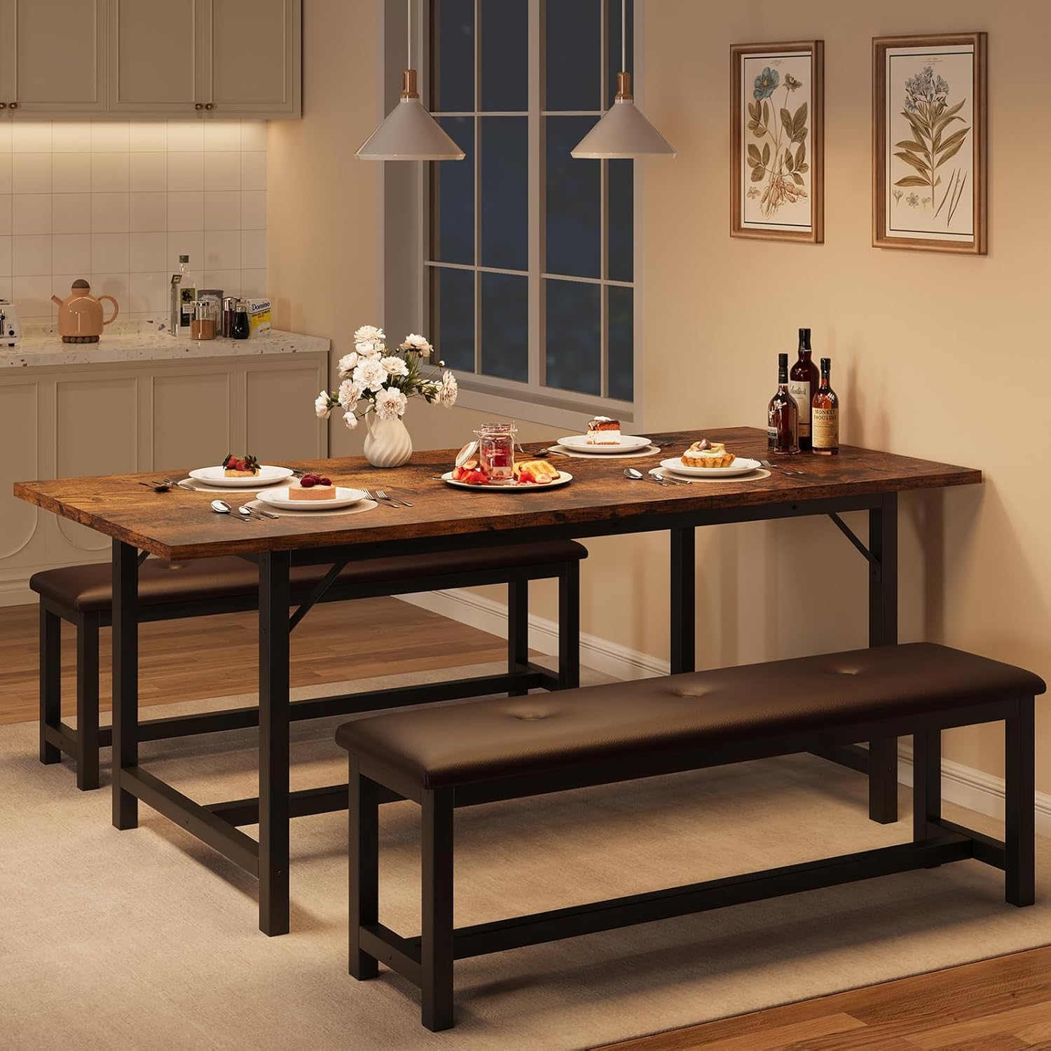 Tavolo da pranzo estensibile Garvee per 4-6 persone con protezioni angolari e panche imbottite, legno MDF, robusta base a H, salvaspazio, ideale per stanze piccole, nero