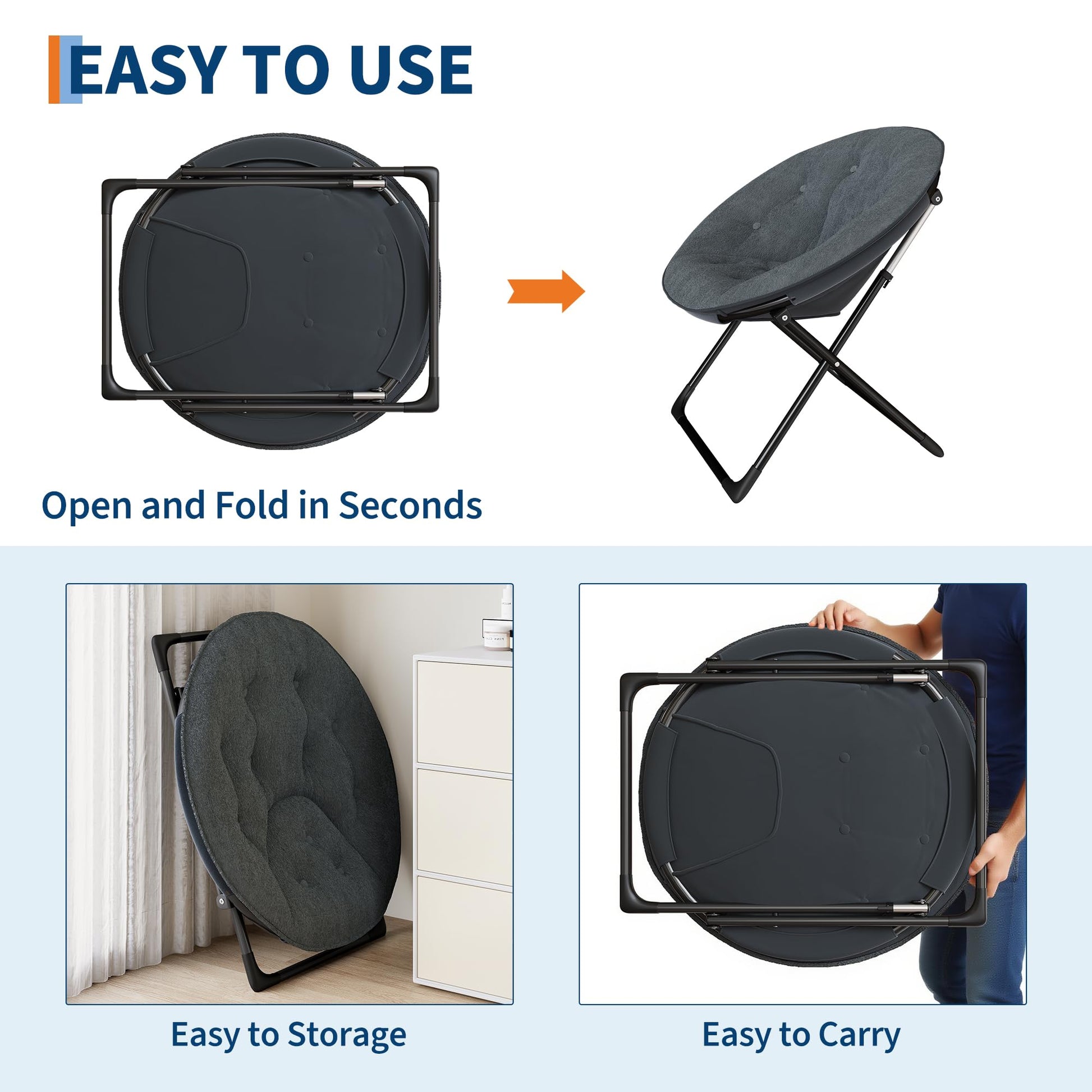 Sedia pieghevole Garvee in pelliccia sintetica con struttura in metallo per camera da letto e giardino, grigia, comoda e portatile