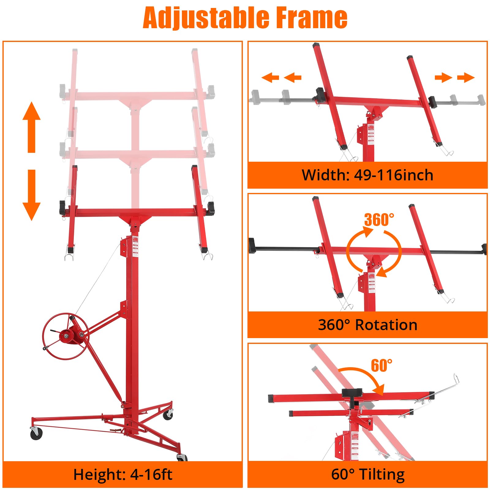 Sollevatore per cartongesso Garvee da 16 piedi, sollevatore per pannelli regolabile, capacità di sollevamento di 150 libbre, acciaio al carbonio, per fai da te, pieghevole
