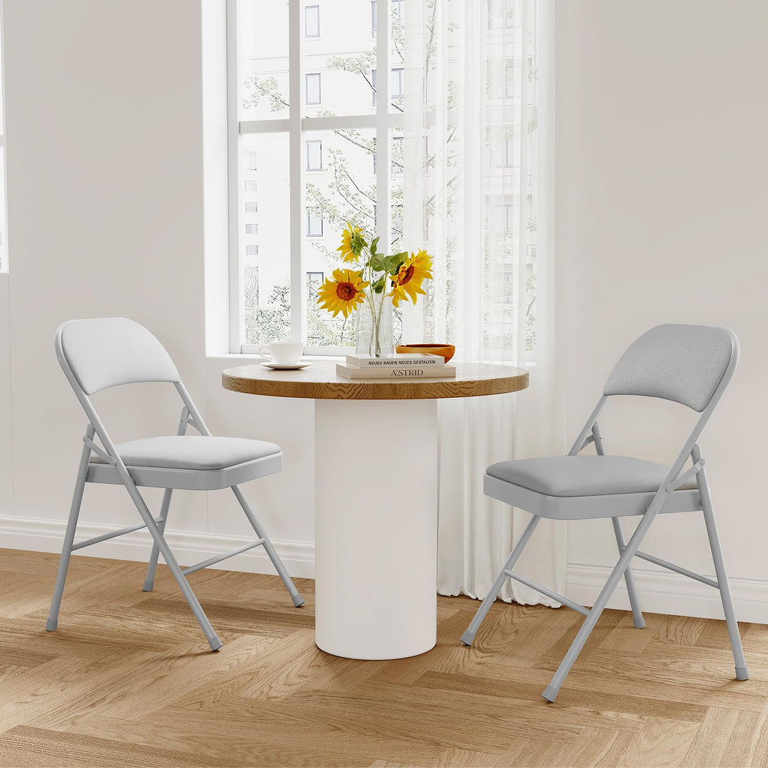 Garvee Set di 2 sedie pieghevoli con imbottitura, ergonomiche e pieghevoli, struttura in metallo, robuste, grigie, per ufficio e uso esterno