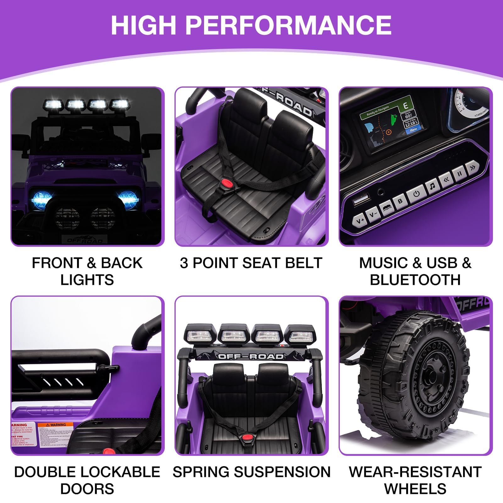 Garvee 12V Auto elettrica per bambini viola con luci a LED Bluetooth per corse di macchinine e feste di gioco per bambini