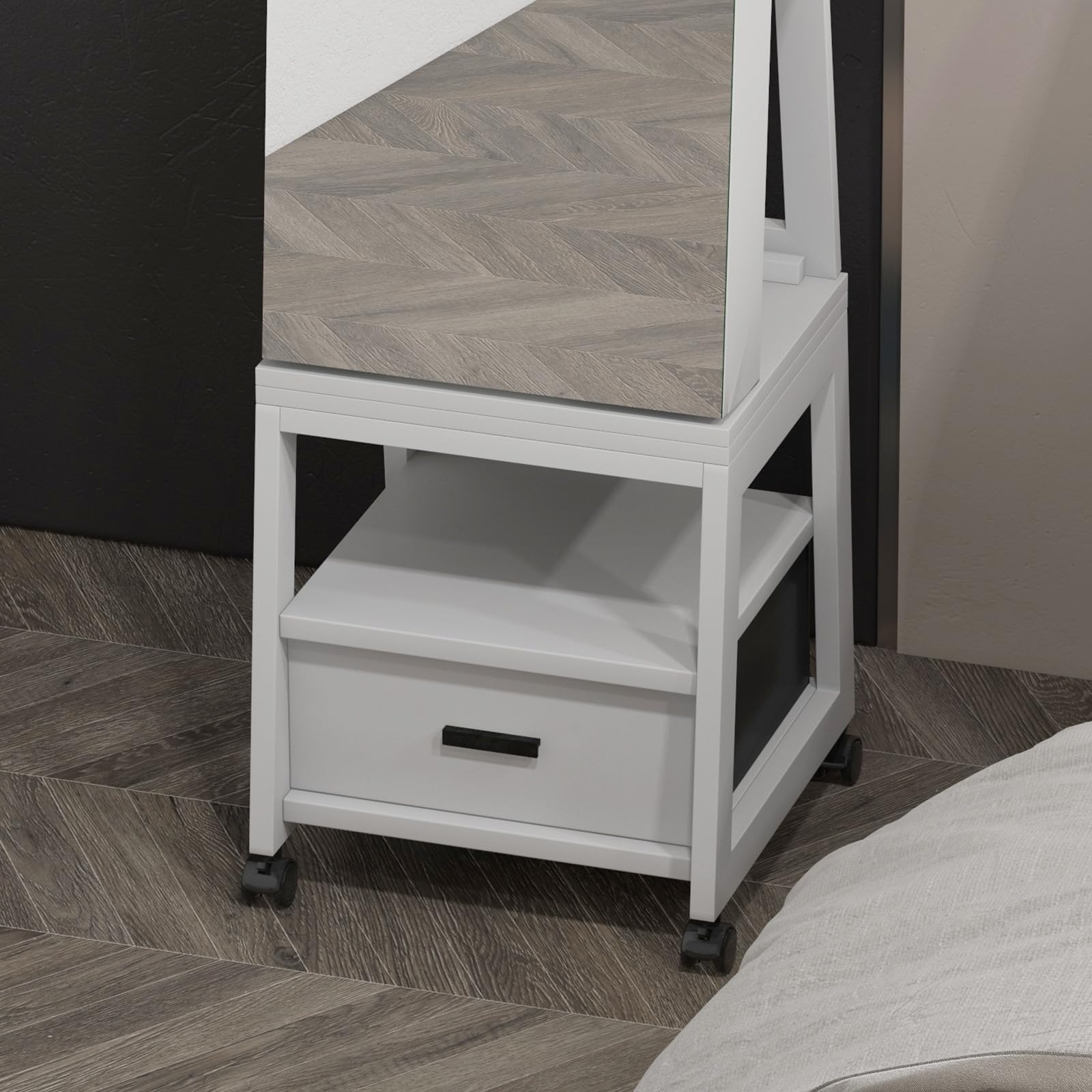 Mobiletto portagioie Garvee, specchio per il trucco con rotazione a 360°, in legno, bloccabile, con rotelle, grande capacità, bianco, soggiorno, camera da letto