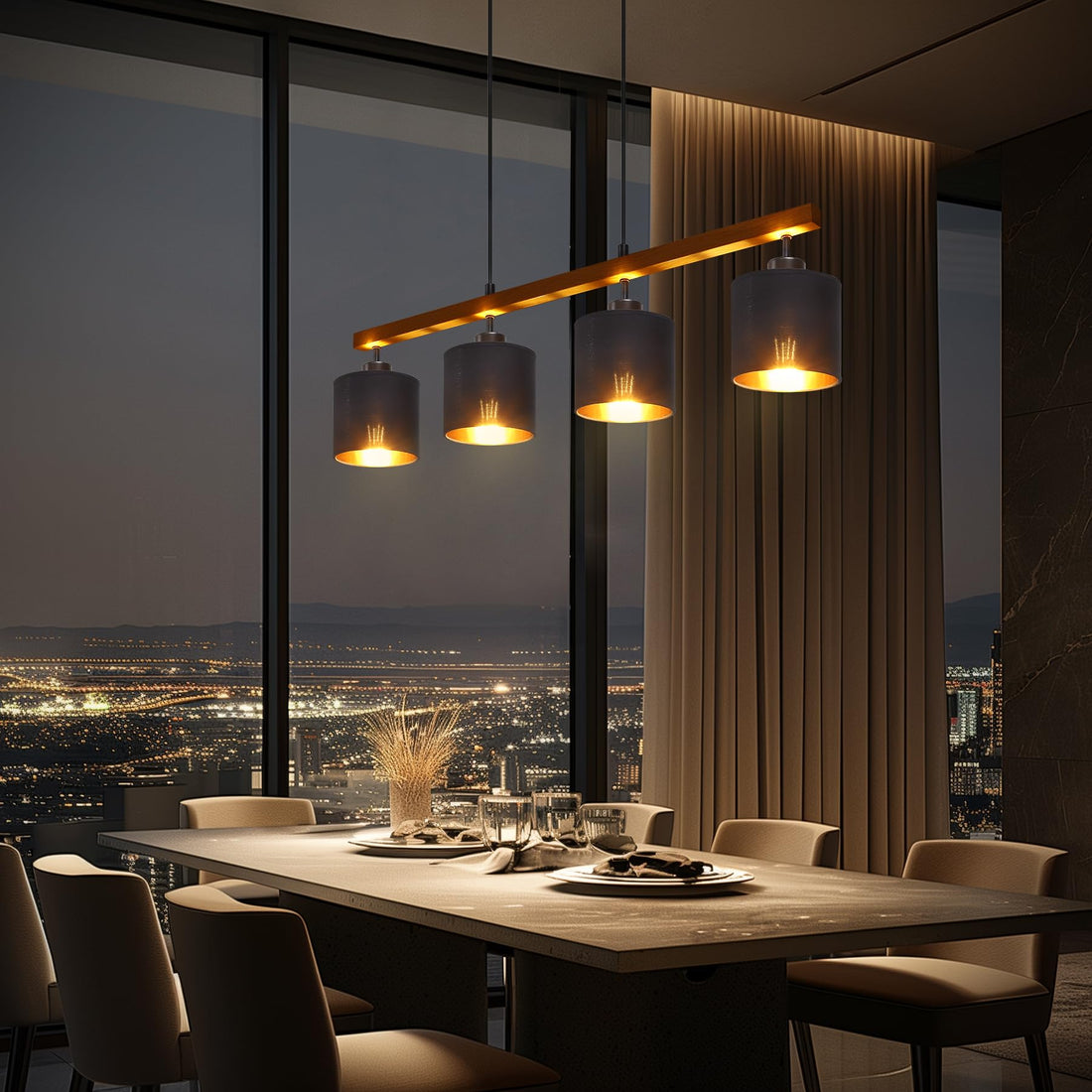 GARVEE Lampadario moderno a 4 luci per sala da pranzo, trave in legno, paralume in tessuto, metallo nero opaco, E27, max 60 W, elegante soggiorno