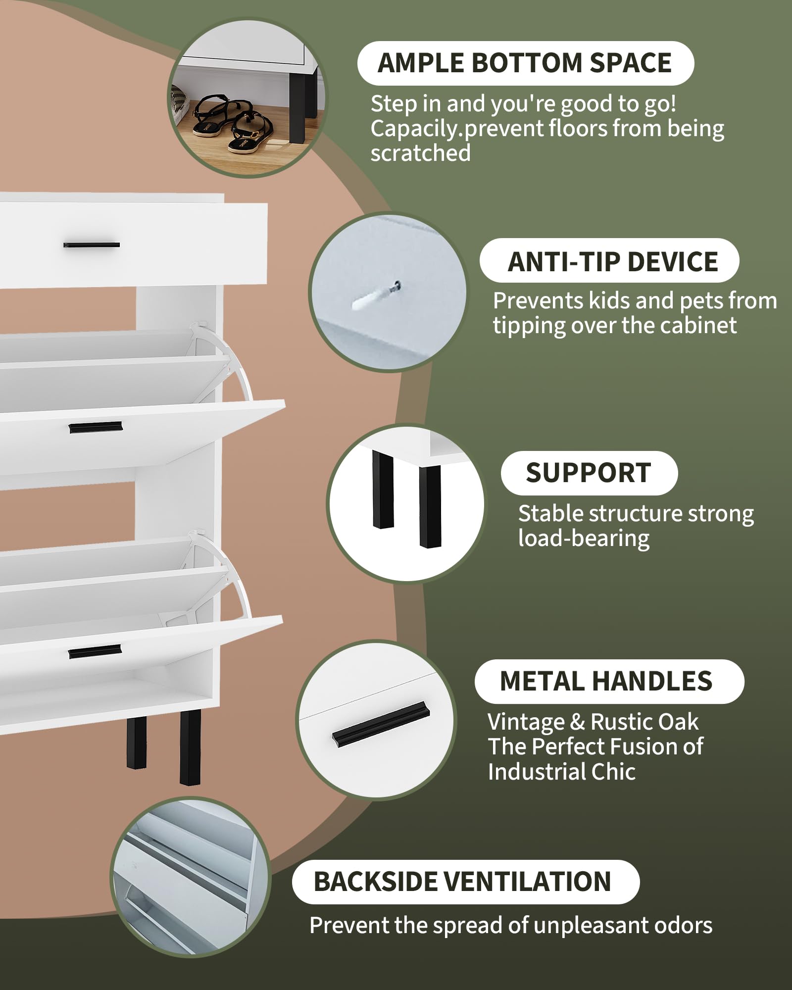Scarpiera stretta Garvee con 3 cassetti e ripiani regolabili per corridoio e soggiorno, in legno MDF, antiribaltamento, moderna, colore naturale