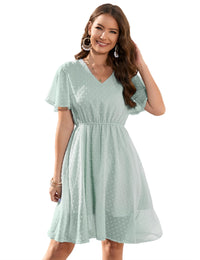 Garvee Donna Elegante Mini Abito con Vita Alta, Scollo a V, Maniche Corte, Abito da Spiaggia a Trapezio, Balza in Tulle, Verde, XXL
