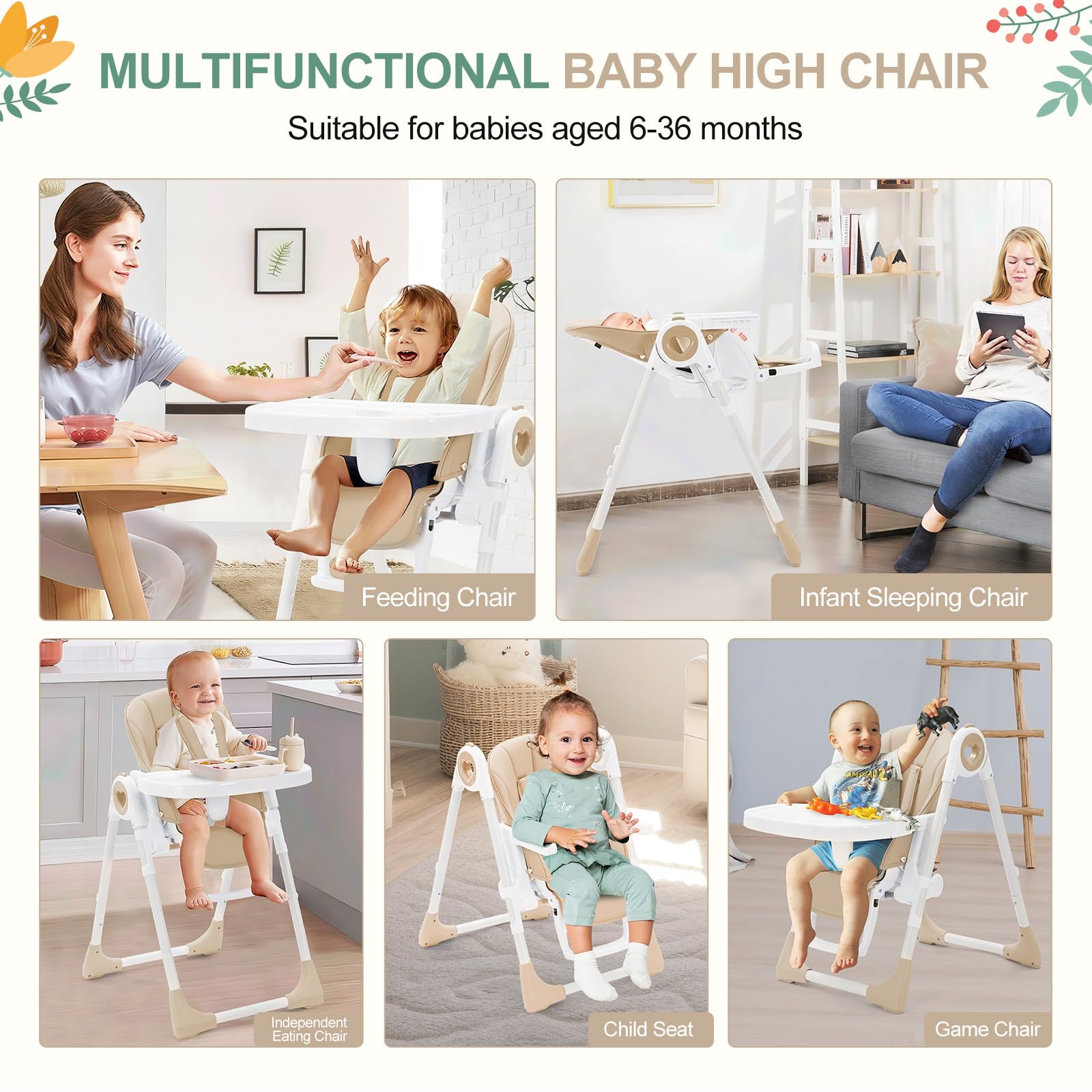 Seggiolone pieghevole Garvee per bambini dai 6 ai 36 mesi, leggero, cintura di sicurezza a 5 punti, vassoio rimovibile, beige, cucine piccole