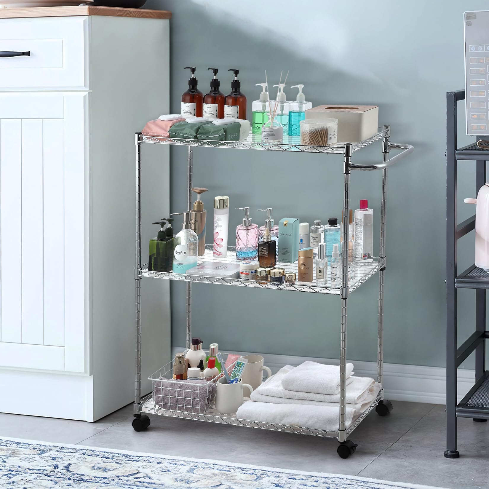 Carrello multifunzionale Garvee a 3 ripiani con ruote, ripiani regolabili, rete metallica, antiruggine, per cucina e uso commerciale, 75x35x90 cm, cromato