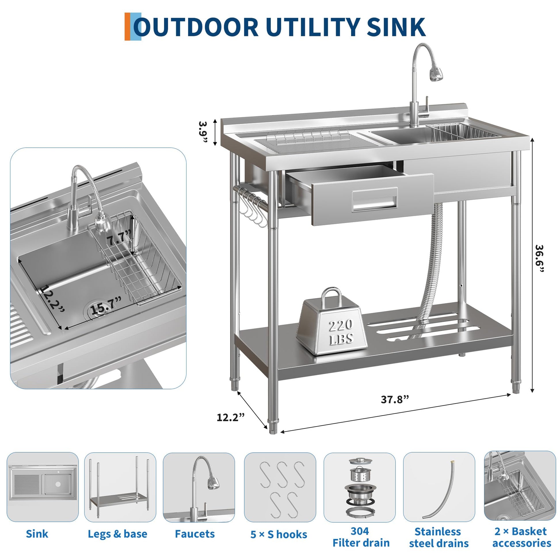 Lavabo Garvee in acciaio inox con rubinetto acqua calda/fredda, vasca singola, cassetto per lavanderia e garage, indipendente, argento