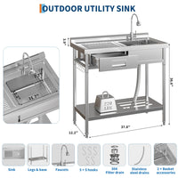 Lavabo Garvee in acciaio inox con rubinetto acqua calda/fredda, vasca singola, cassetto per lavanderia e garage, indipendente, argento