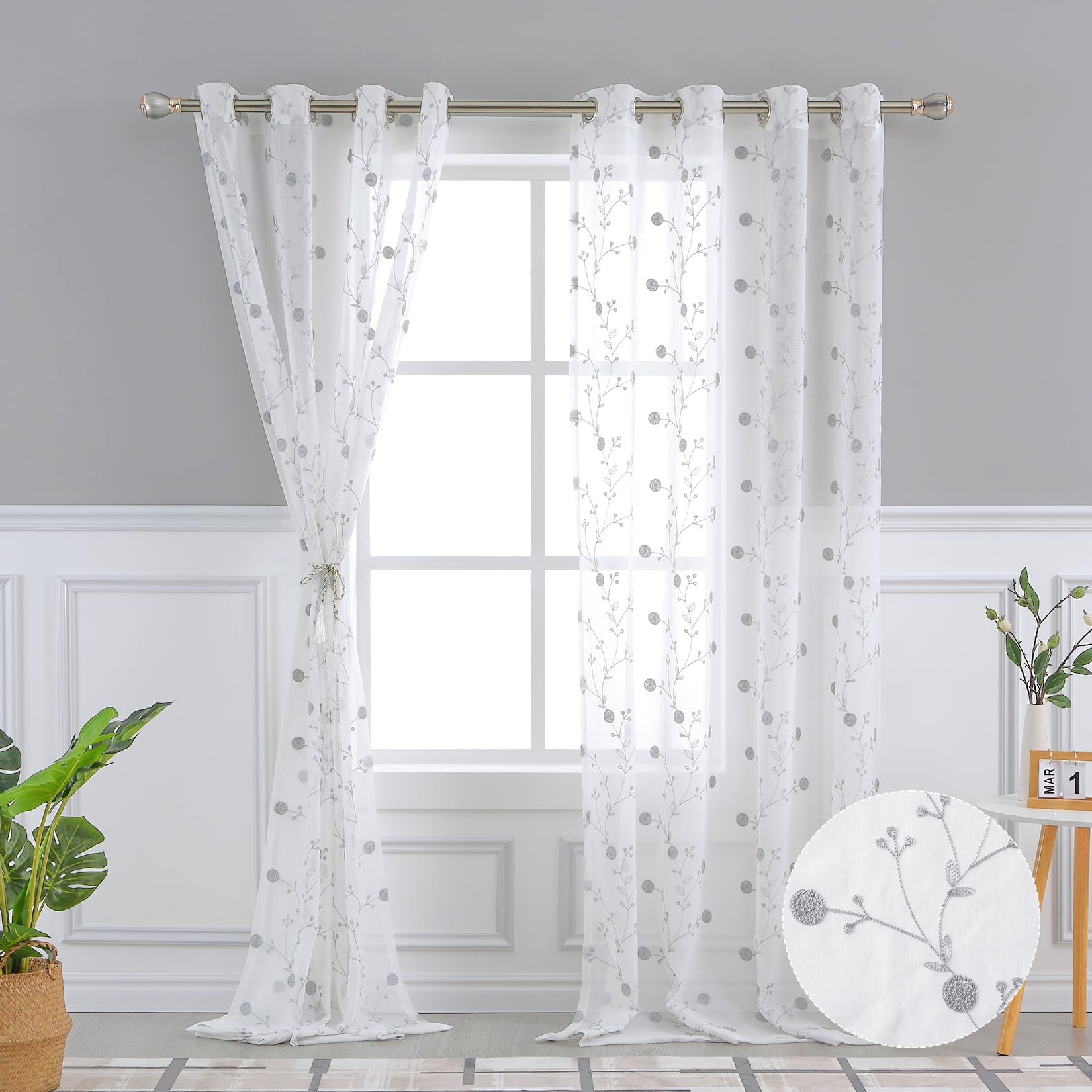 Garvee Klassische Transparente Vorhangpaneele Mit Geometrischem Muster Für Wohnzimmer Und Schlafzimmer, 132x228 cm, Grau