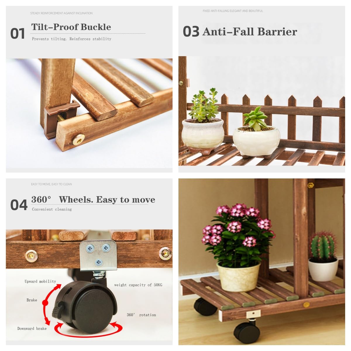 GARVEE Portavasi con Ruote, Mensola per Fiori in Legno Massello, Mensola per Piante da Interno/Esterno, Mensola per Piante a Scala per Fiori Multifunzionale e Salvaspazio per Balcone/Terrazza, 106 L x 25 P x 95 A cm