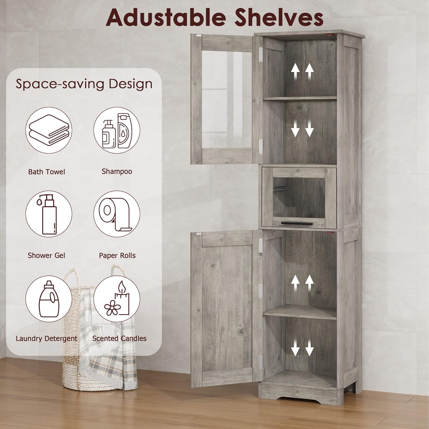 Mobile da bagno alto e stretto Garvee con ripiano regolabile per piccoli spazi, 170 cm, MDF, design moderno, ante con vetro, bianco