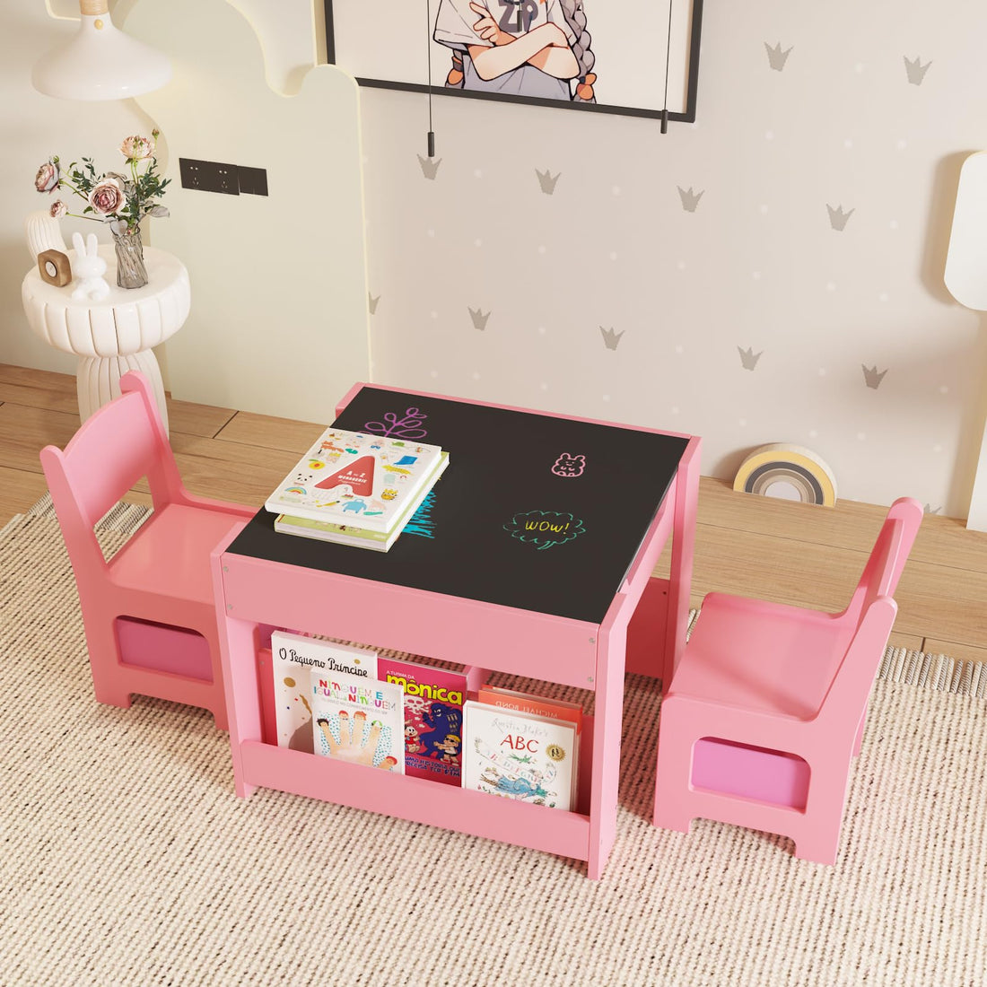 Set tavolo e sedie per bambini Garvee, tavolo da attività 4 in 1 con contenitore, in legno, superficie di scrittura bifacciale, per sala giochi e asilo