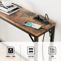 Consolle stretta Garvee con USB e presa di corrente, in legno e metallo vintage, per corridoio e soggiorno, 100x23x80 cm